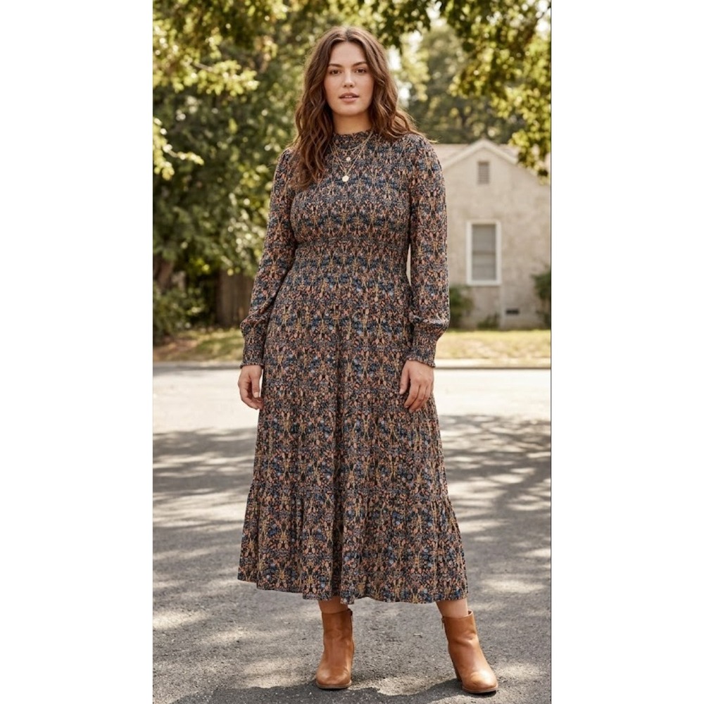 Boden Smocked Floral Midi Dress High Neck Long Sleeve Blue Orange US 16/18R